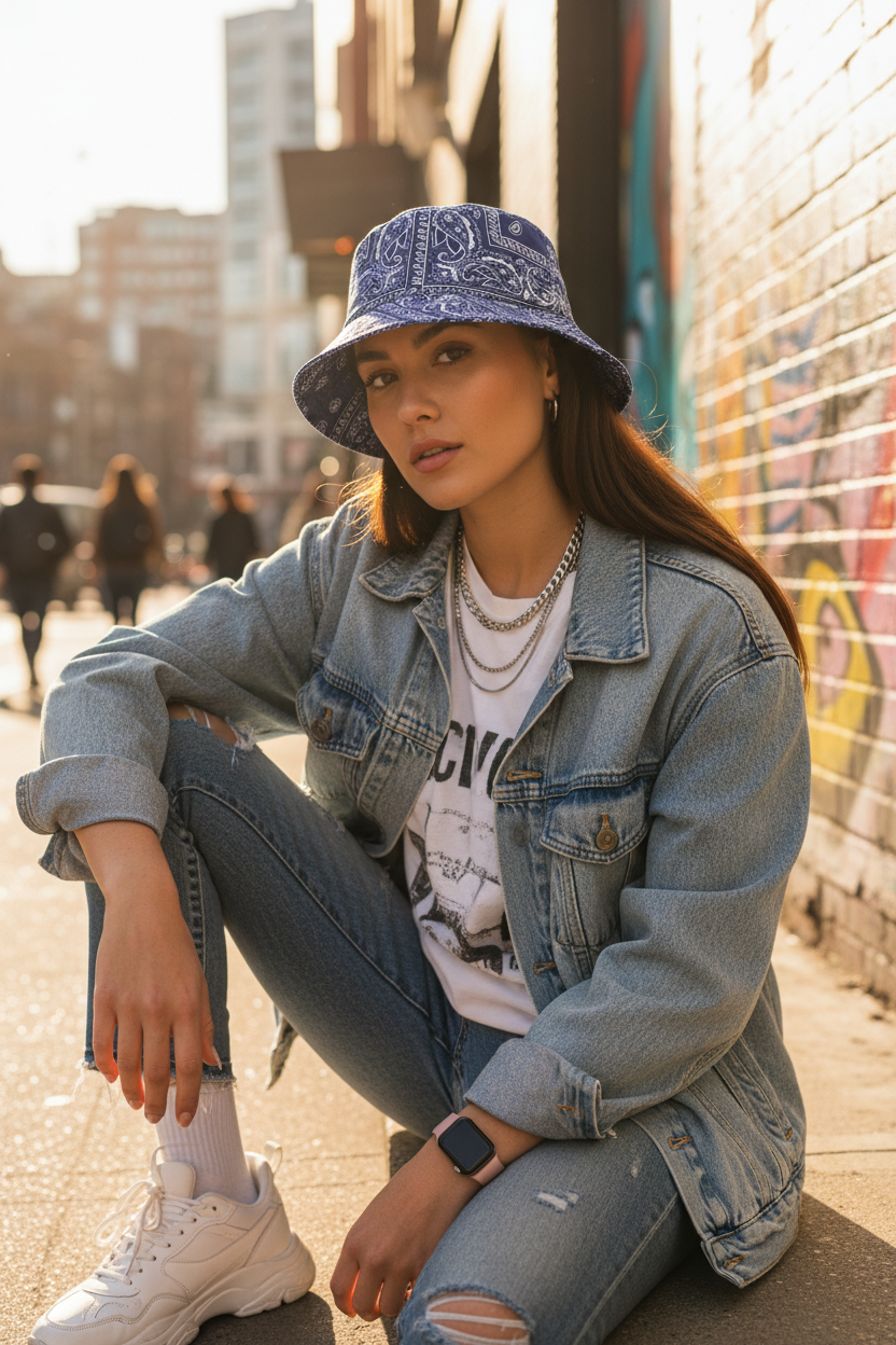 Bandana Bucket Hat – Wide Brim Checkered Unisex