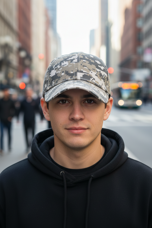 A collection of four camouflage baseball caps in various color patterns, displayed in a 2x2 grid layout.