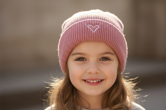 Pink beanie with a heart logo on a white background