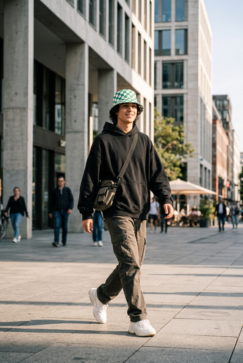 Calvert Checkered Bucket Hat, Flat Top, Medium