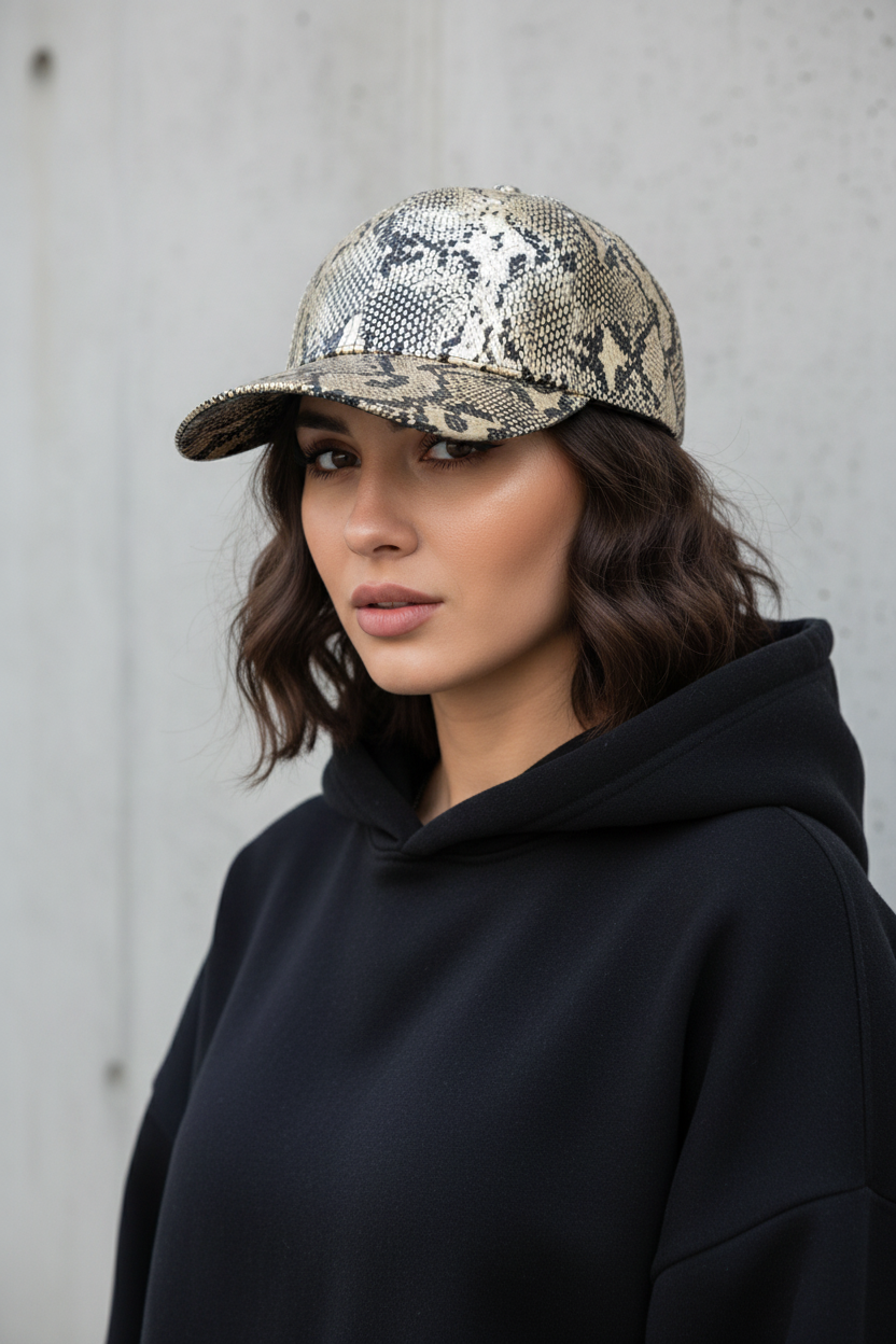 Jackson Snake Print Faux Leather Baseball Cap, Adjustable Unisex