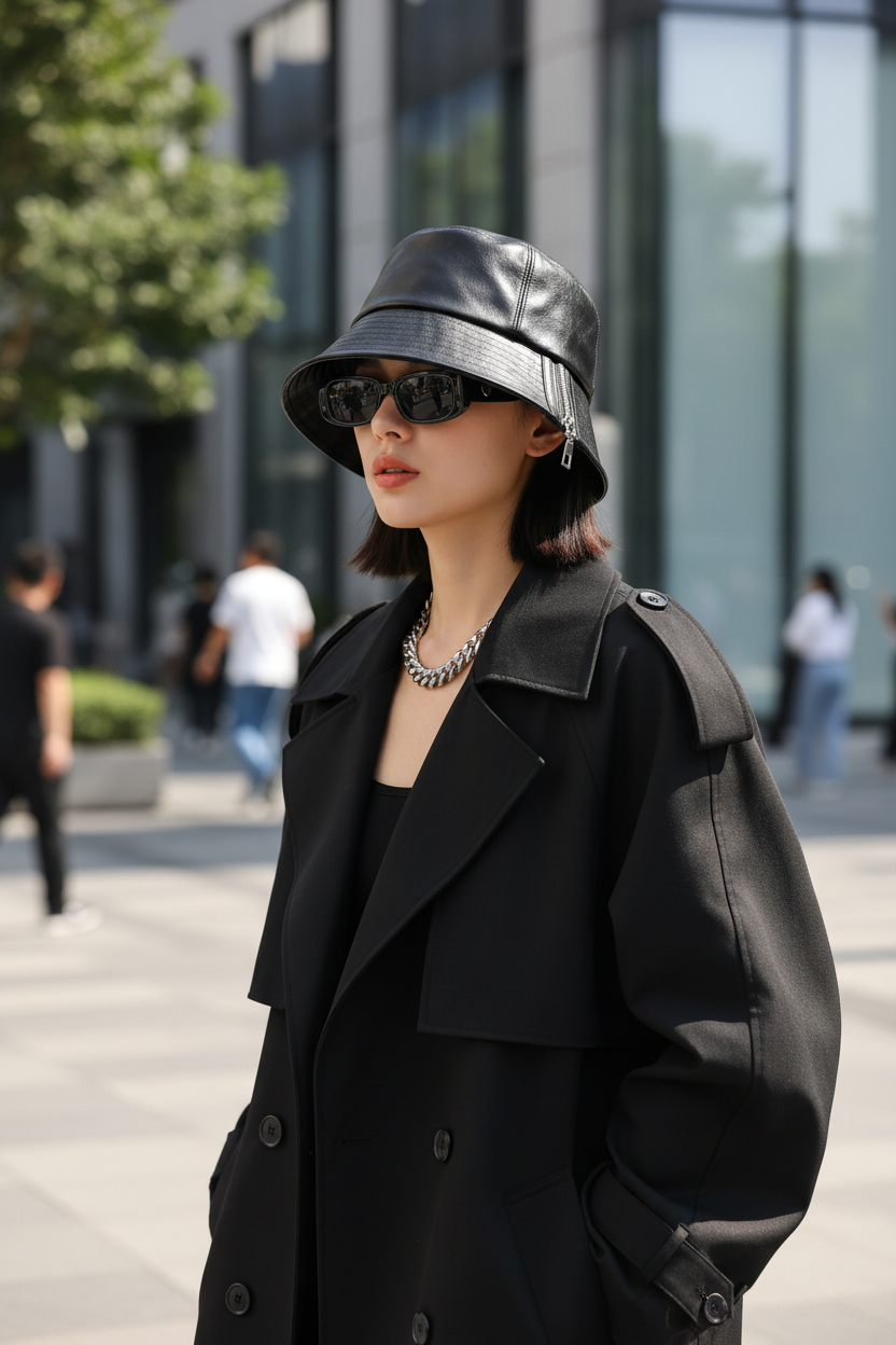 Black leather bucket hat with a zipper on a white background