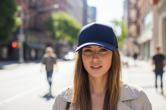 Woman wearing a blue cap on a city street