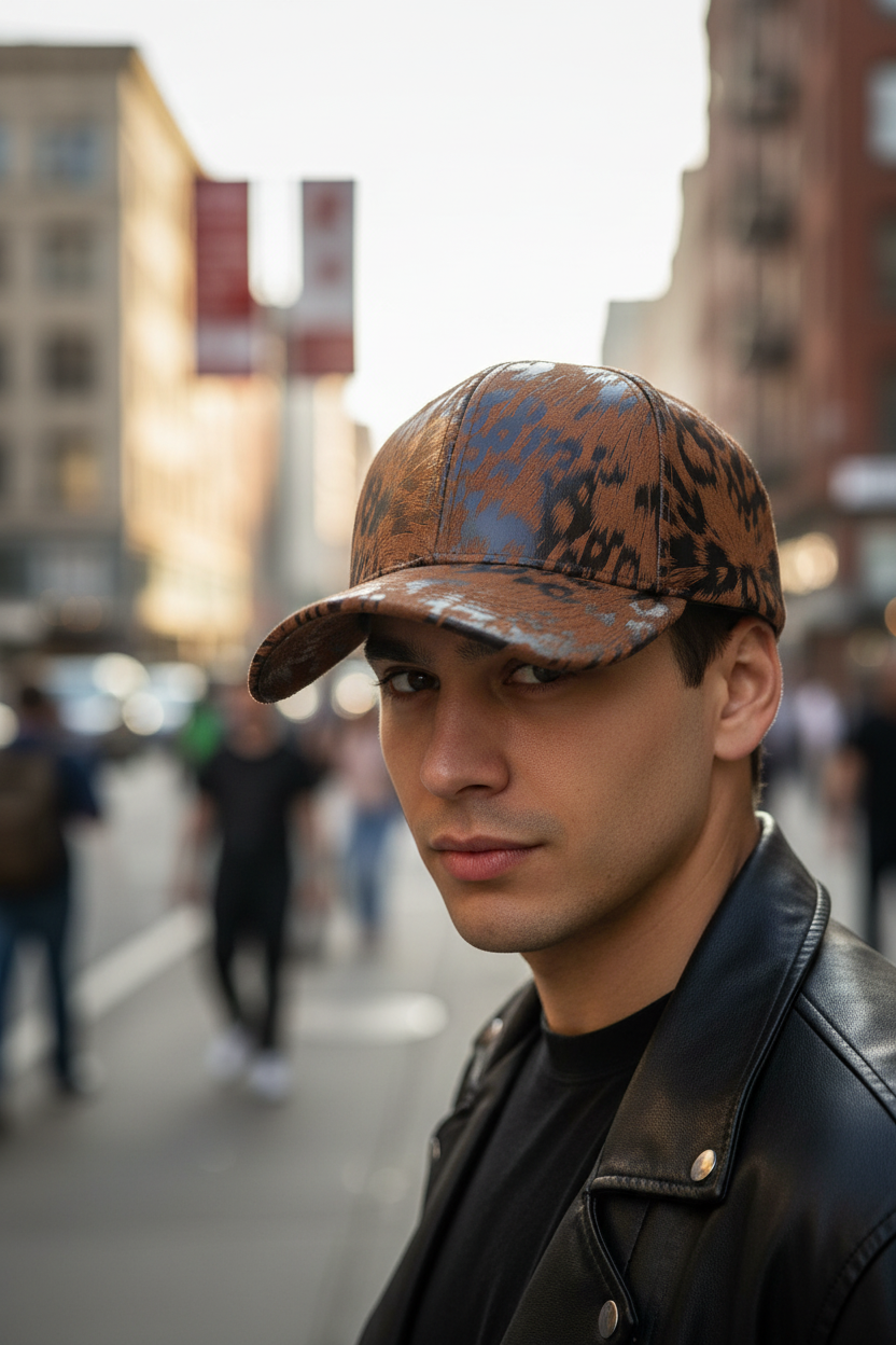 Brown leather cap with black leopard print pattern on a white background