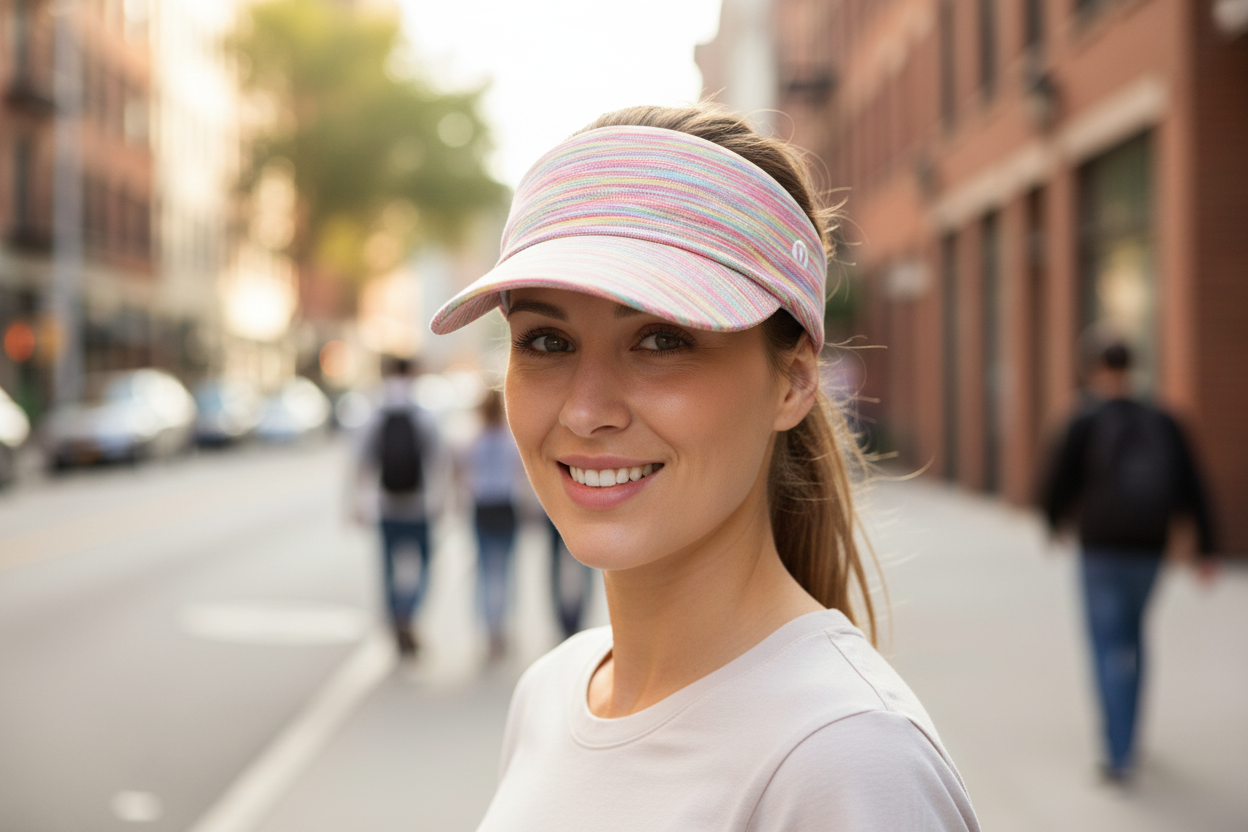 A woman wearing a black tank top and a multicolored visor designed for outdoor sun protection.
