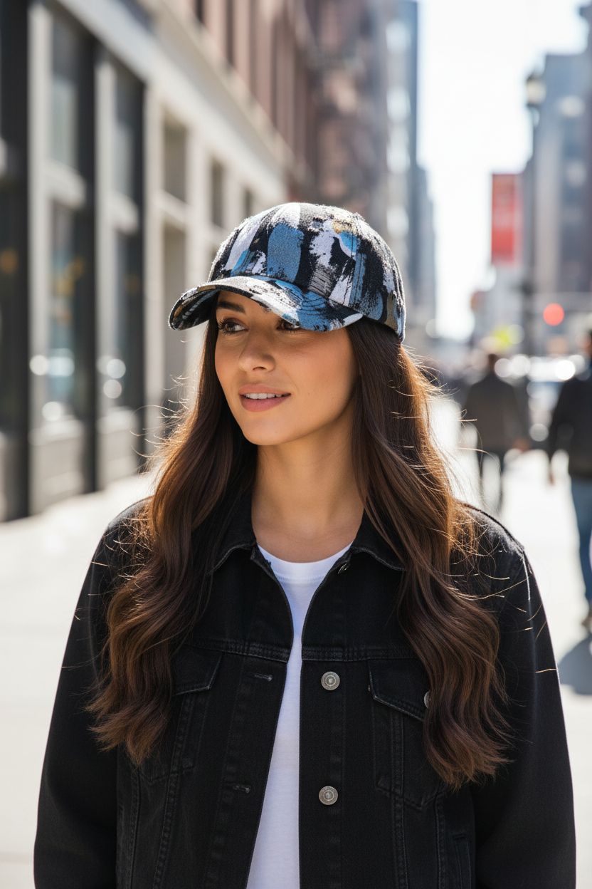 Baseball cap with abstract multicolor design on a white background