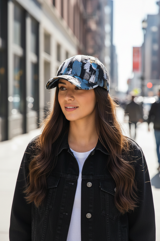 Baseball cap with abstract multicolor design on a white background