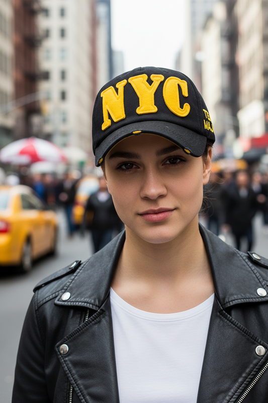 Black cap with yellow 'NYC' and 'Team Major' text on a white background