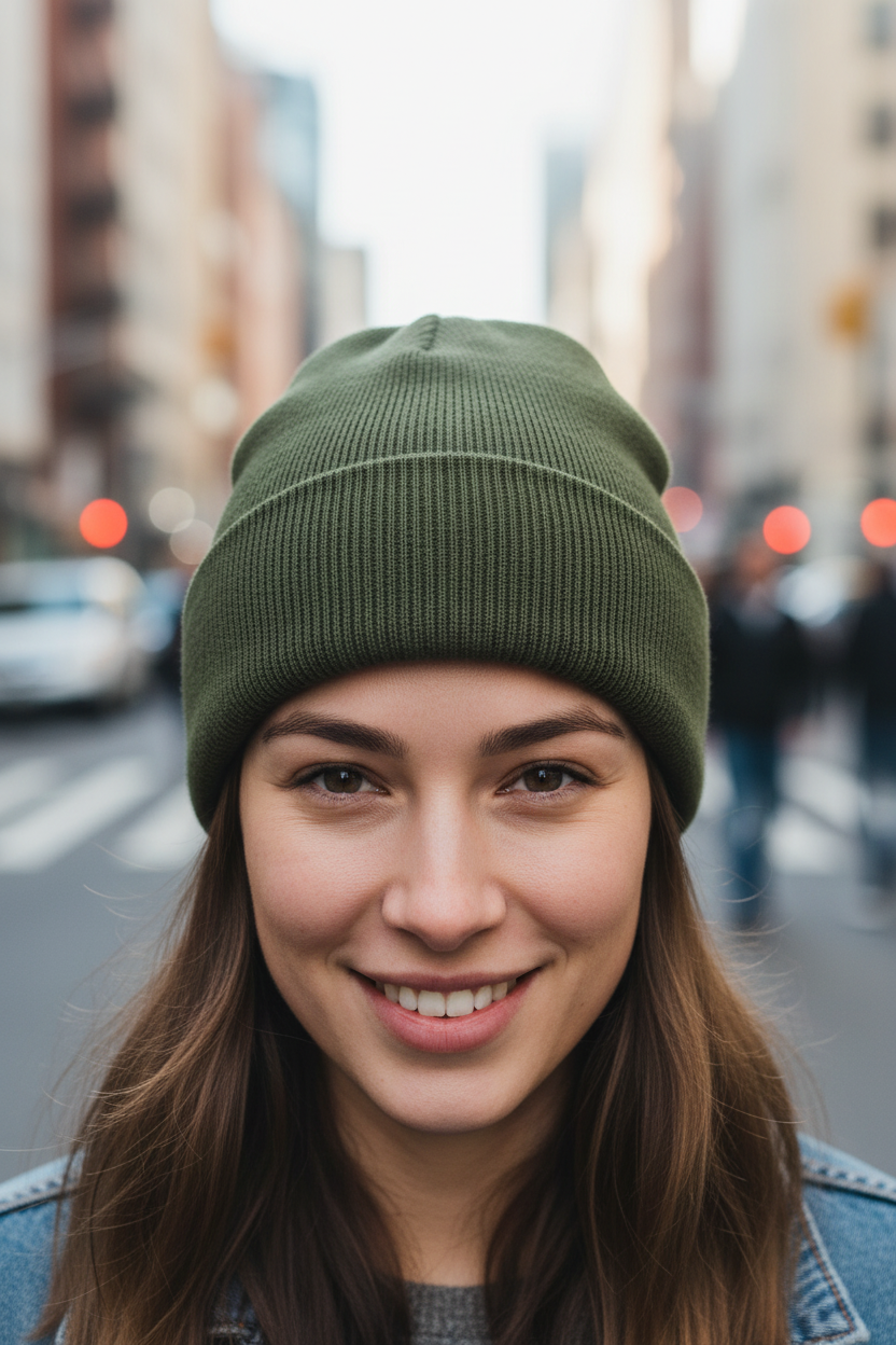 Green beanie on a white background