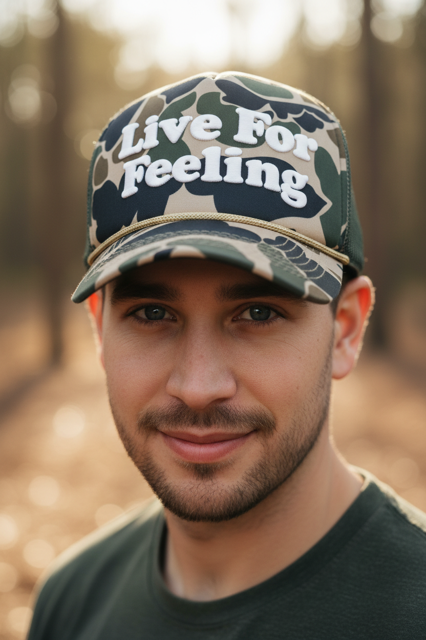 Camouflage-patterned cap with 'Live For Feeling' text on a gray background