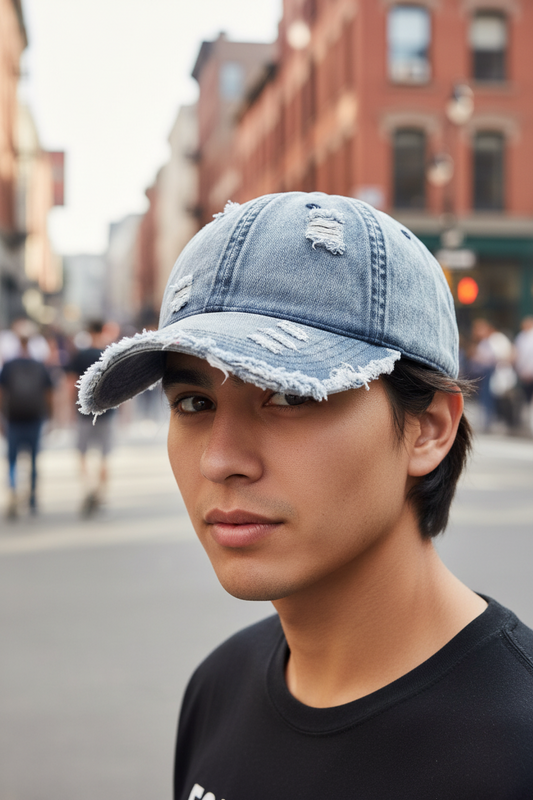 Denim cap with frayed edges on a gray background