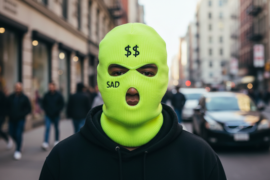 Neon green ski mask with dollar signs and the word 'SAD' on a white background