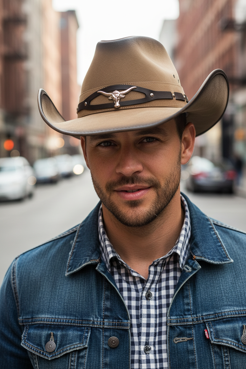 Brown cowboy hat with a black band featuring a logo on a white background