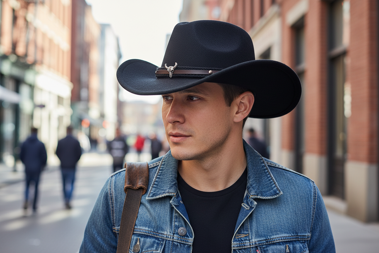 A red woolen fedora hat with a black band and a metal bull head label.