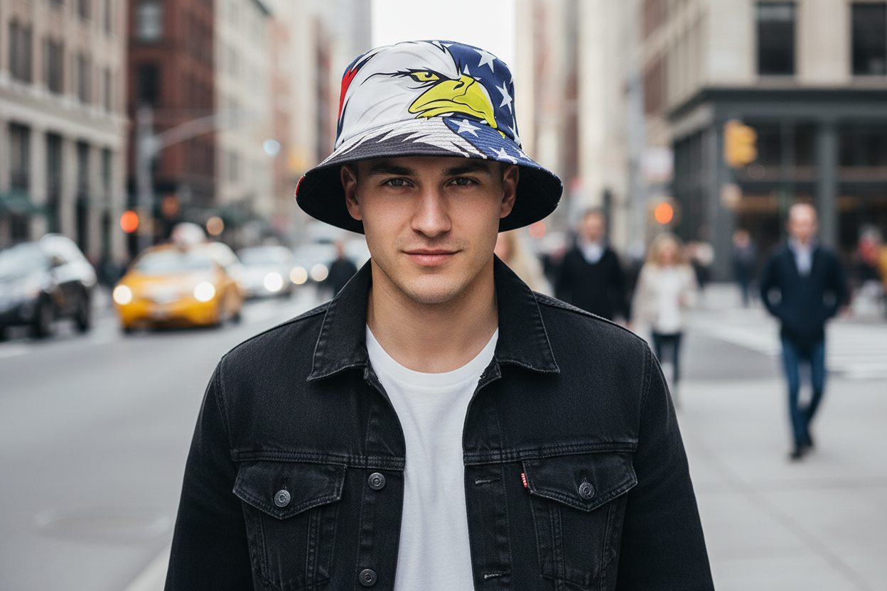 Bucket hat with American flag and eagle design on a white background