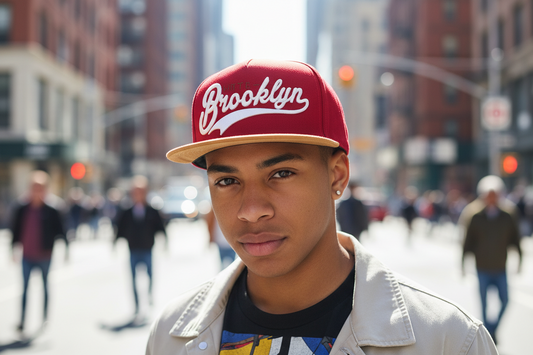 A red baseball cap with 'Brooklyn' written in white script on the front with a beige brim.
