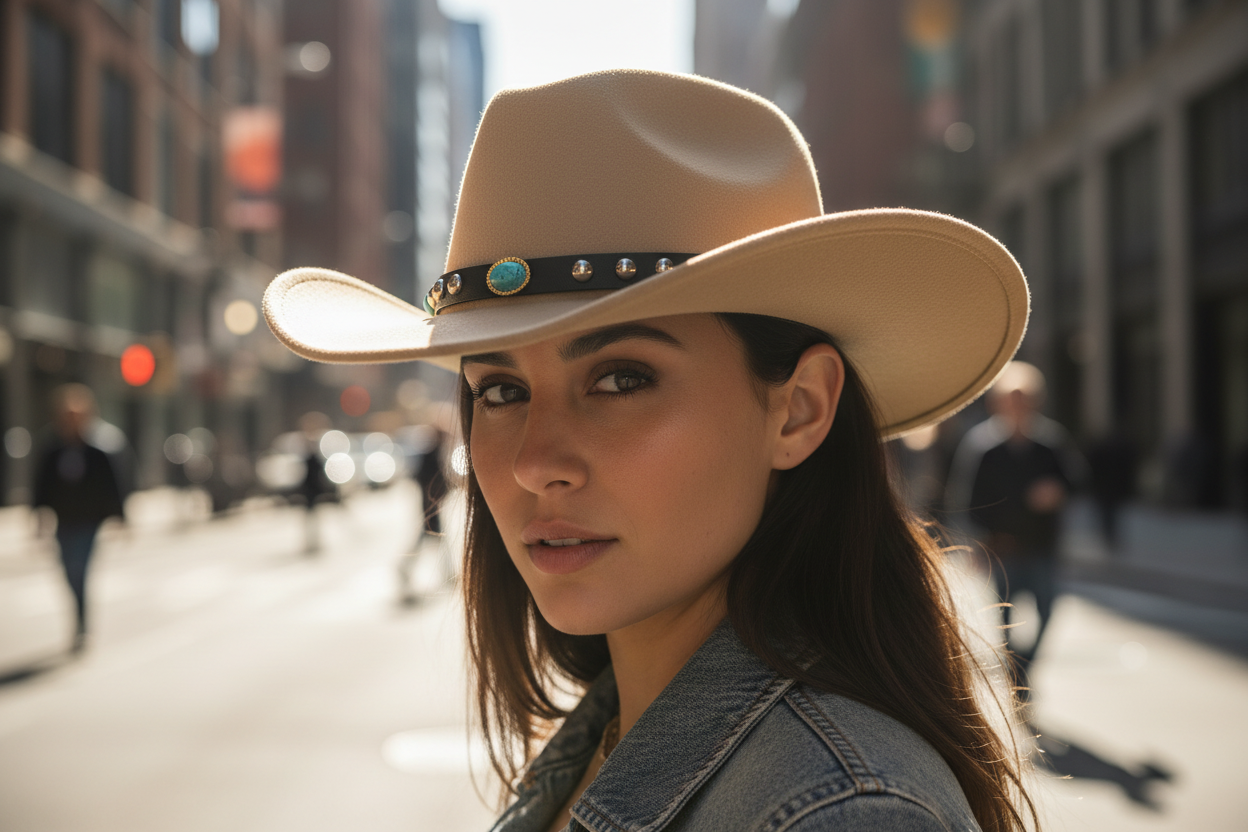 A beige cowboy hat with a curved brim featuring a black band decorated with rivets and small blue and green details.