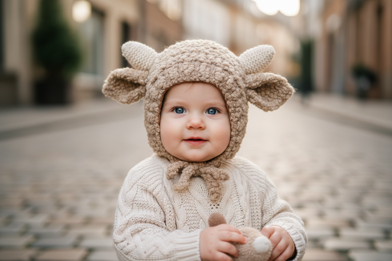 Three baby hats designed with sheep horn patterns, displayed in different colors.