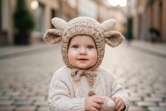 Three baby hats designed with sheep horn patterns, displayed in different colors.