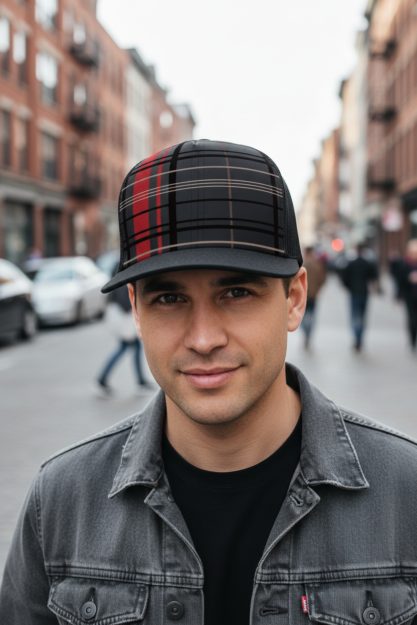 A black mesh back trucker hat with a plaid pattern on the front panel.