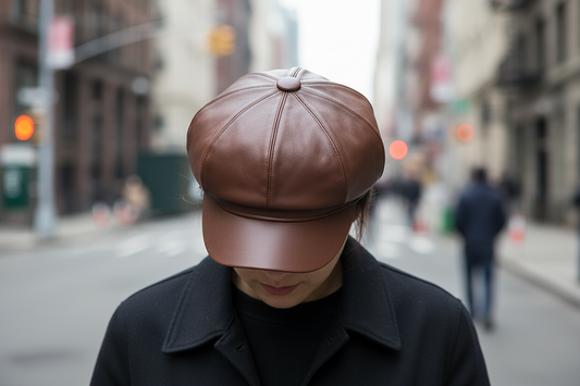 Brown leather cap on a gray surface