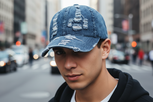 Two denim baseball caps with a ripped design, one in light blue and one in dark blue, displayed on a surface with a 'Century' box in the background.