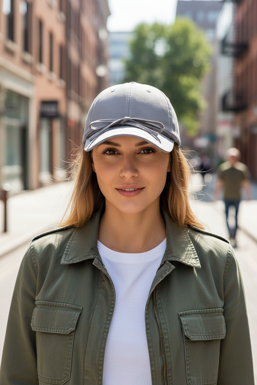 Gray baseball cap with bow detail on a white background