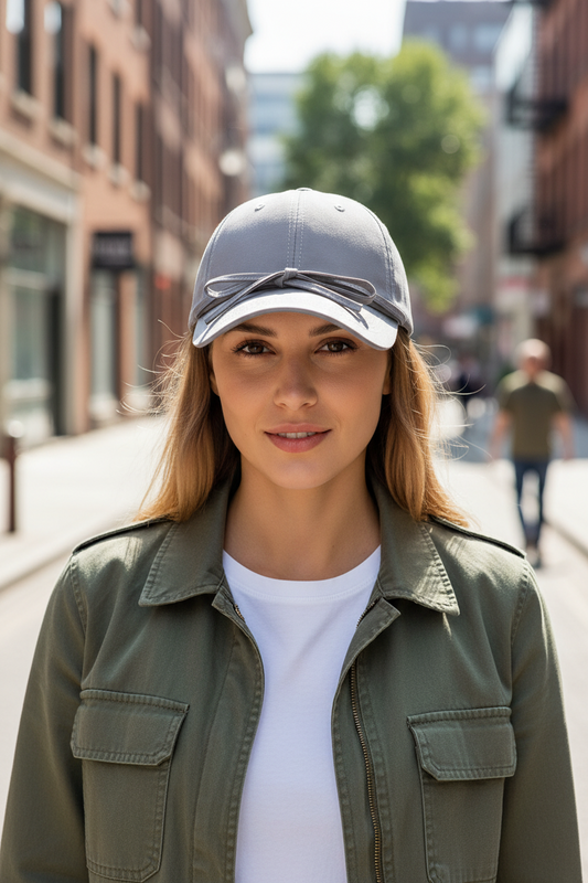 Gray baseball cap with bow detail on a white background
