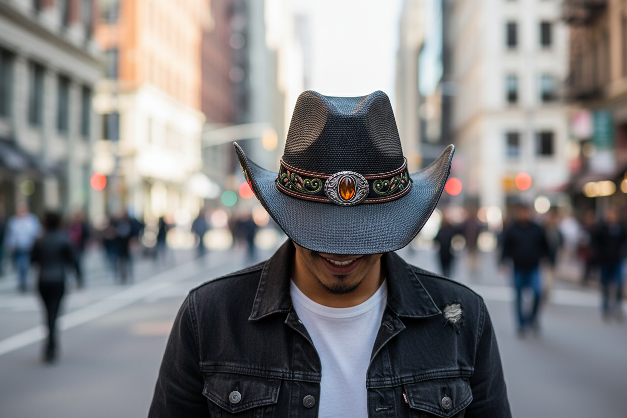 Black cowboy hat with decorative band and floral embroidery on a white background.