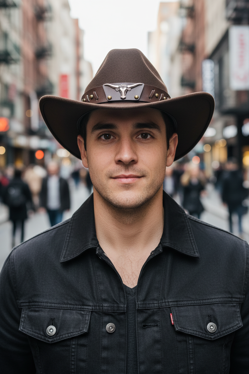 Brown cowboy hat with a leather band featuring a bull emblem on a white background