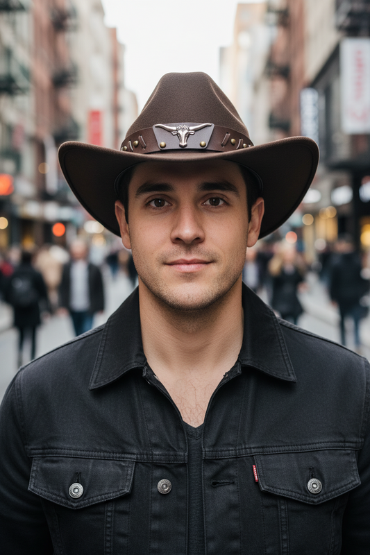 Brown cowboy hat with a leather band featuring a bull emblem on a white background