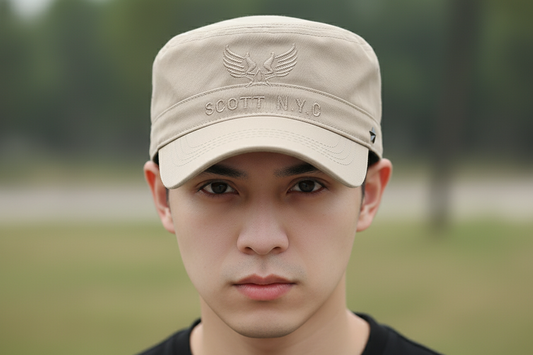 Beige cap with embroidered logo on a white background