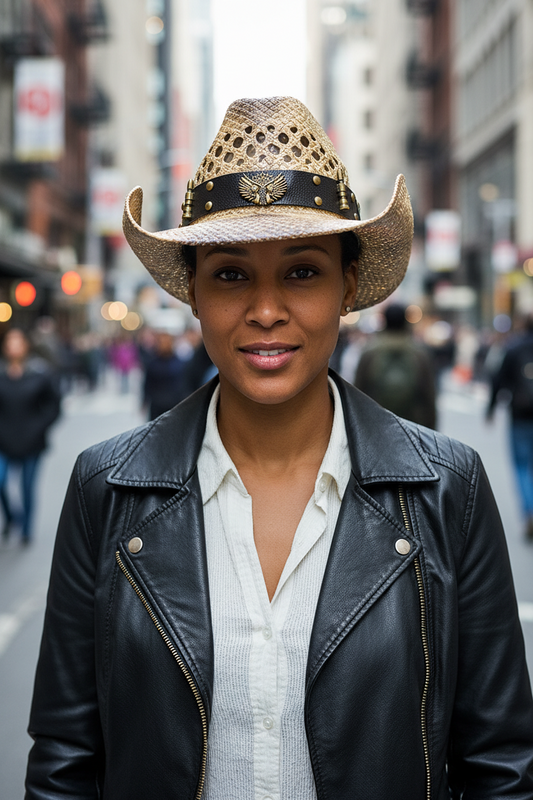 Straw cowboy hat with an eagle emblem and leather band on a white background
