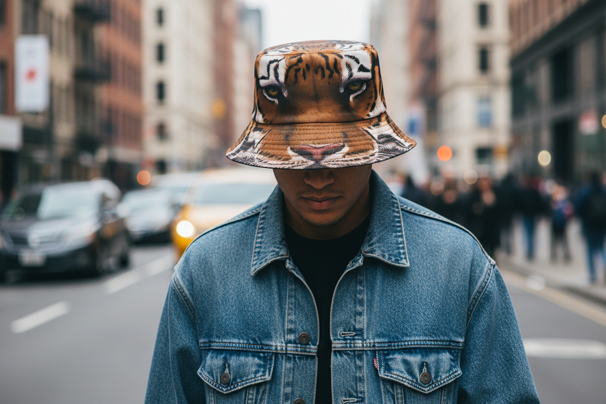 Bucket hat with tiger face design on a white background