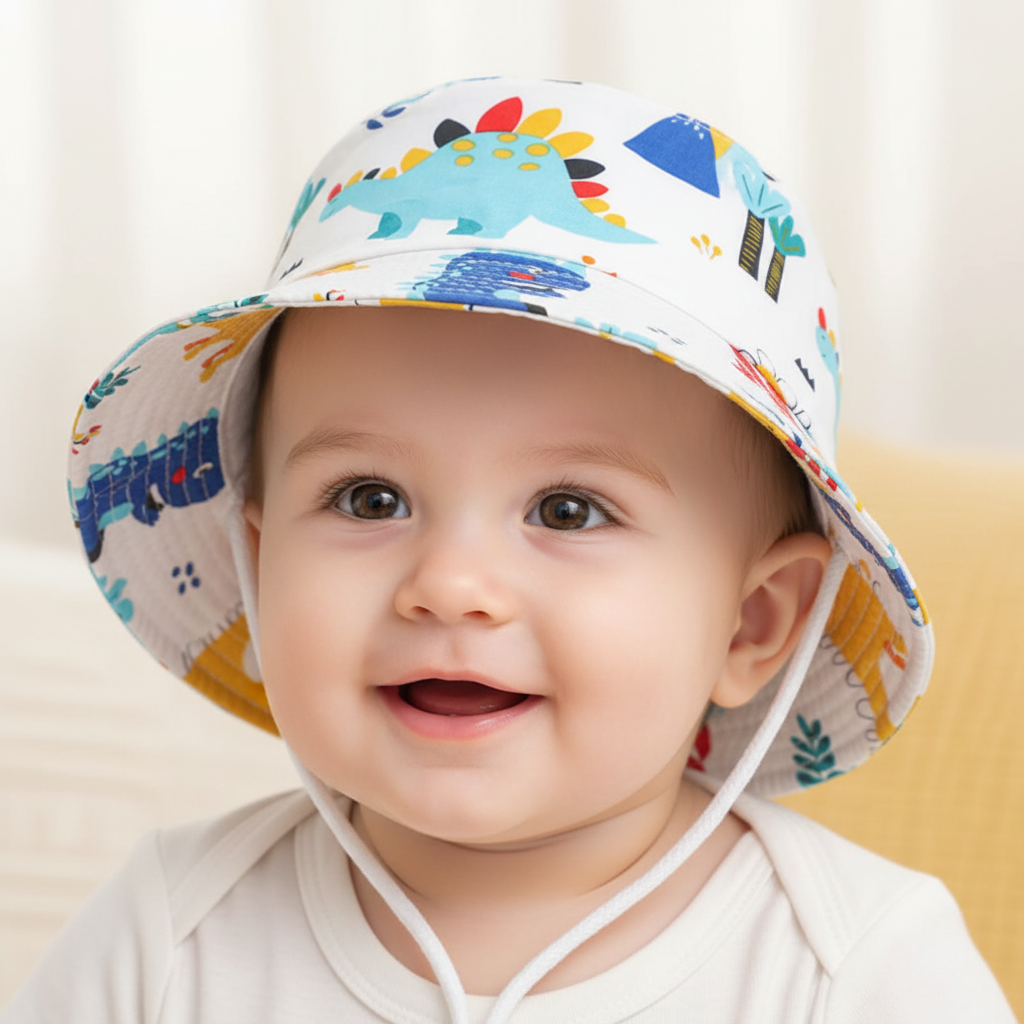 Colorful dinosaur-patterned bucket hat on a white stand against a white curtain background
