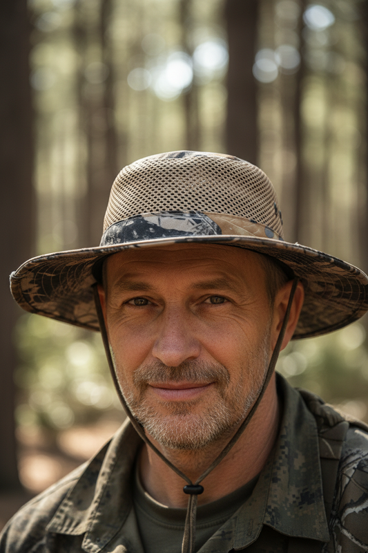 Camouflage-patterned hat with mesh design on a white background