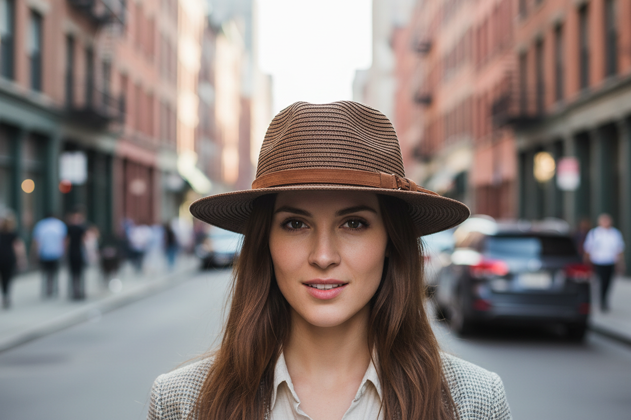A woman's straw hat with a dome shape, featuring a beige color and a brown band with a buckle.