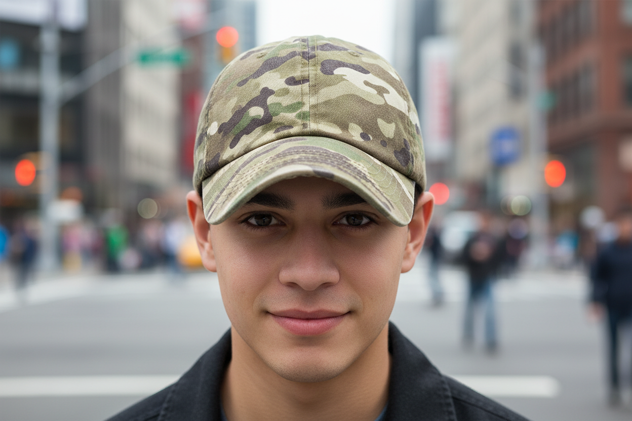 A camouflage patterned baseball cap with a curved brim.