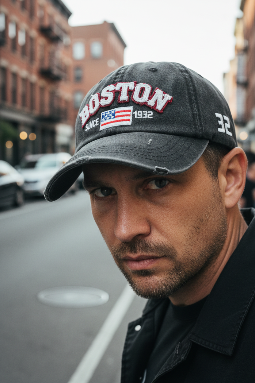 A distressed black baseball cap with 'BOSTON 1932' embroidered on the front and the number '32' on the side.