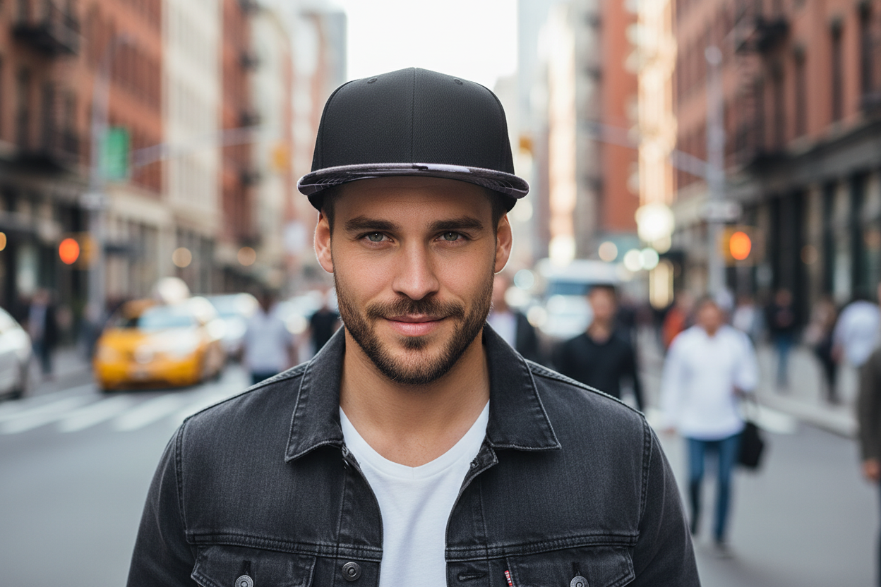 A black and red color blocking flat brim hat with a duck tongue design.
