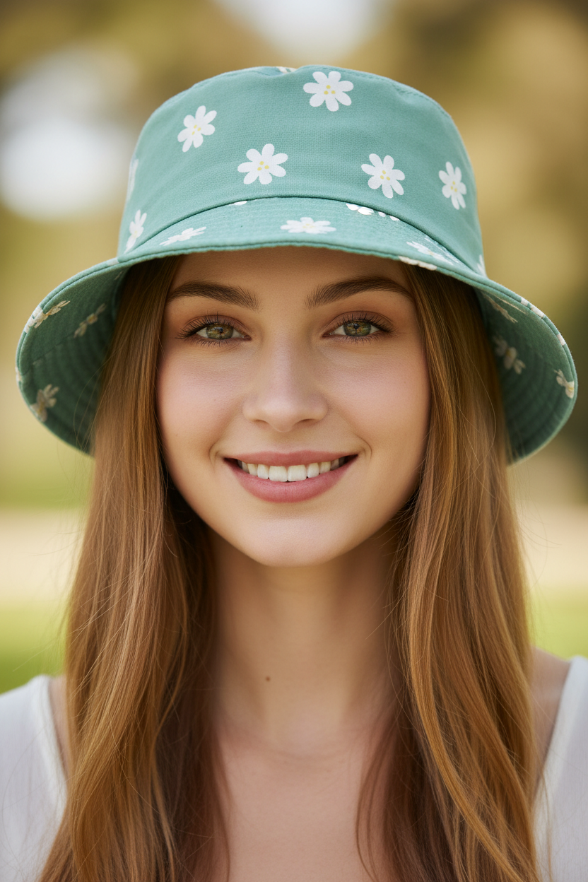 A green double-sided fisherman hat with a short brim featuring a floral pattern with white and blue flowers.
