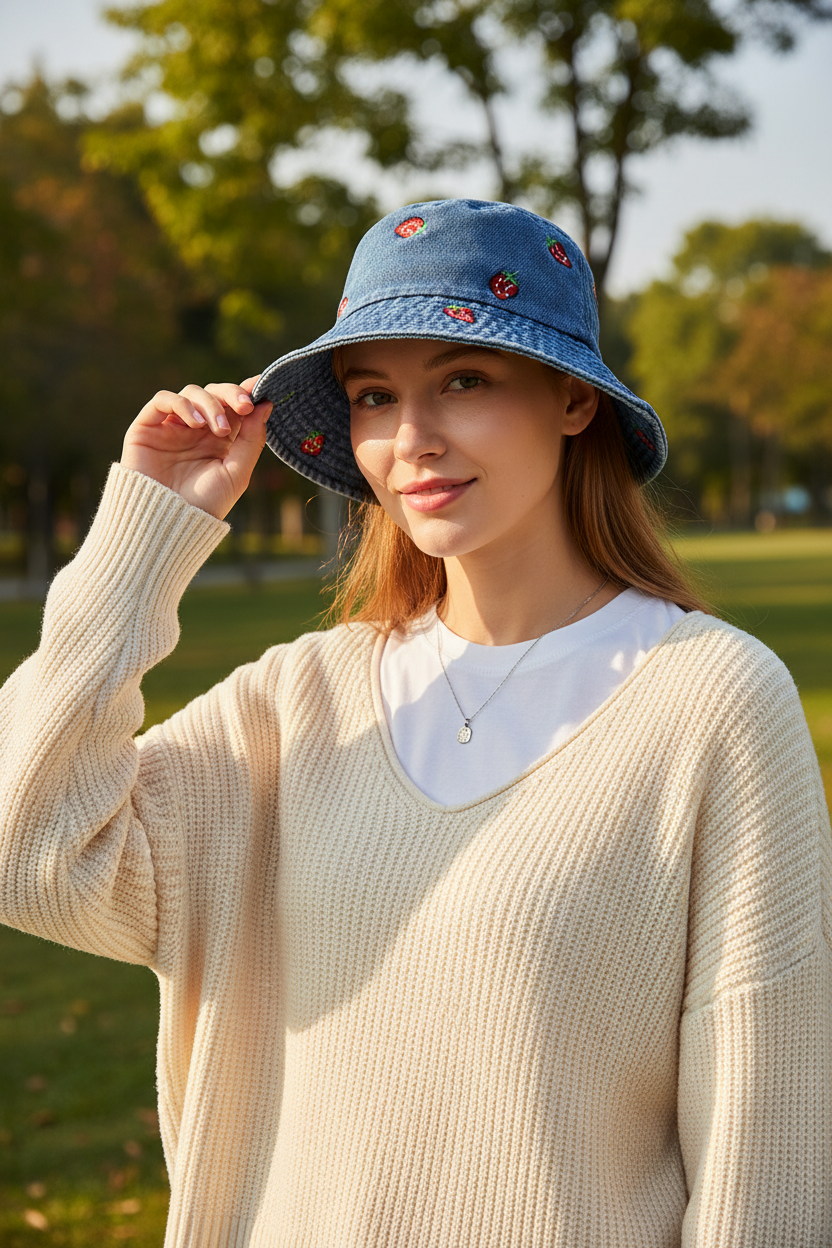Embroidered Strawberry Polyester Bucket Hat