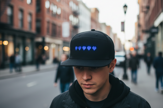 Black cap with blue LED text on a white background