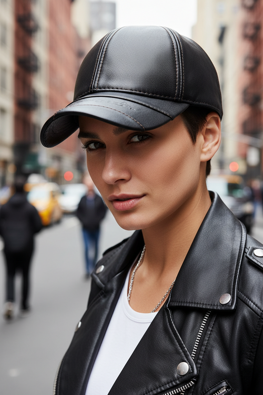 Black leather baseball cap on a white background