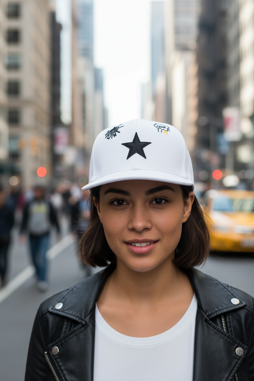 A white flat brim baseball cap with a five-pointed star and other designs embroidered on the front.