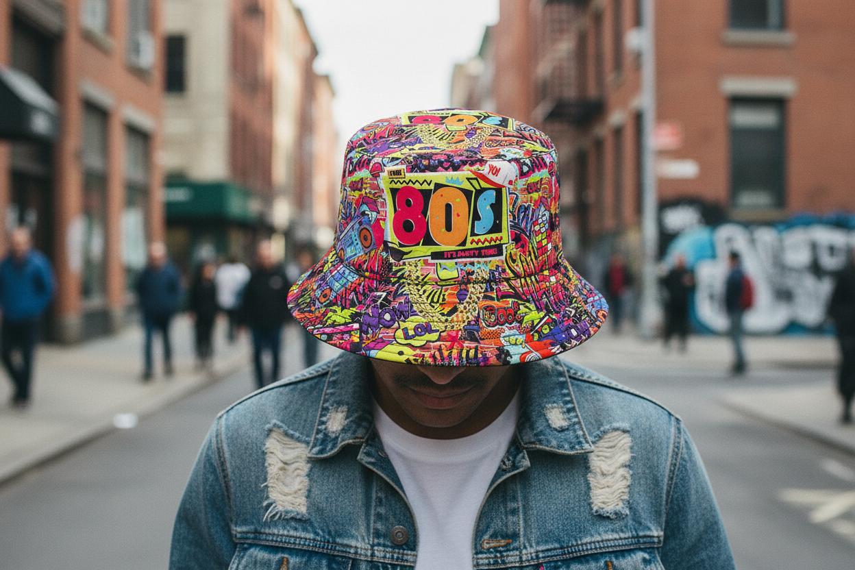 Colorful bucket hat with 80s-themed design on a white background