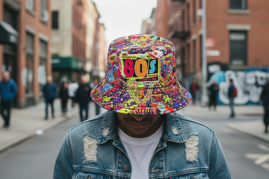 Colorful bucket hat with 80s-themed design on a white background