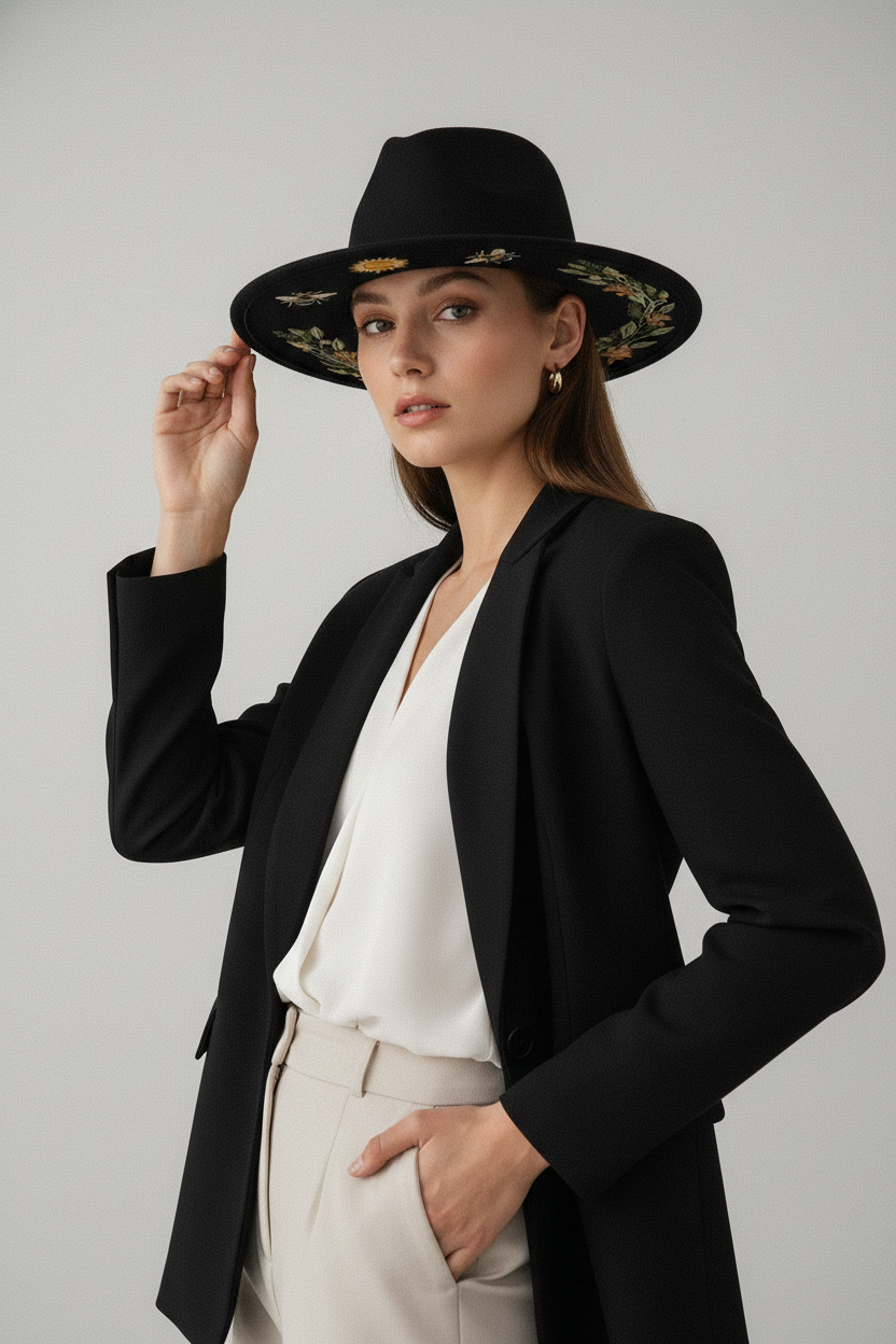 Levert Conical Knit Fedora Hat – Black Floral