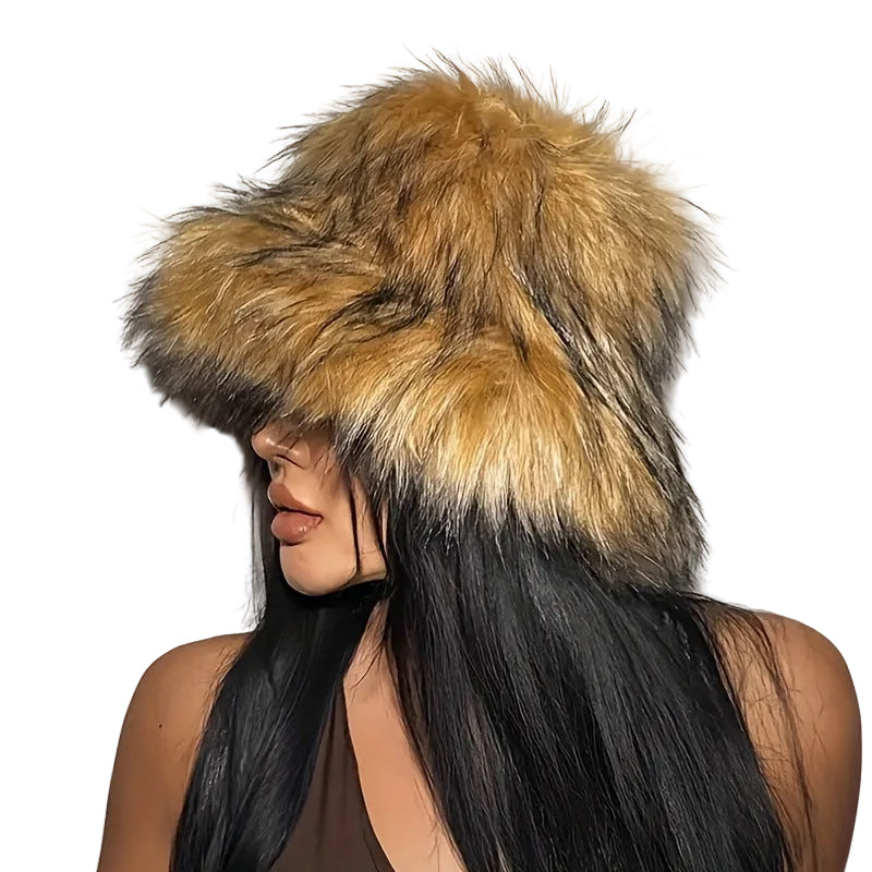 Person wearing a fur hat with a plain background