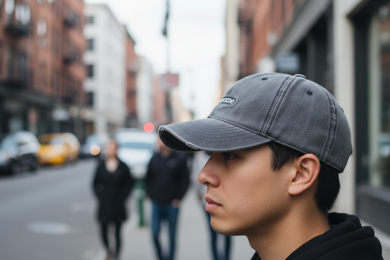 A person wearing a gray baseball cap with the brand name 'HEART' embroidered on the front.